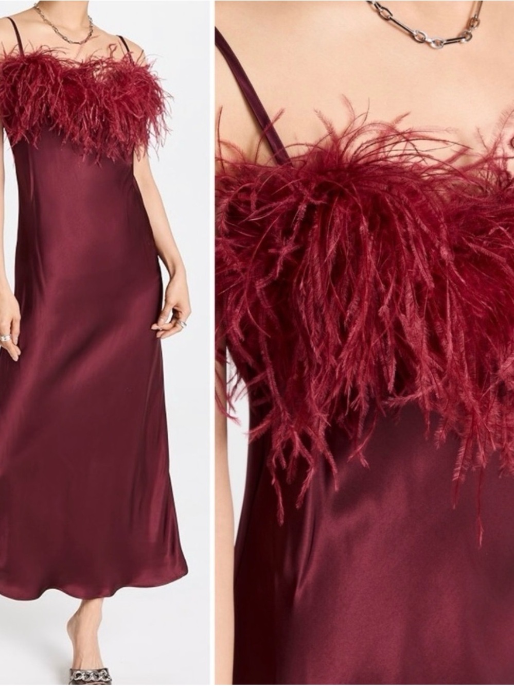Feather-Trim Slip Dress in Burgundy by Sleeper
